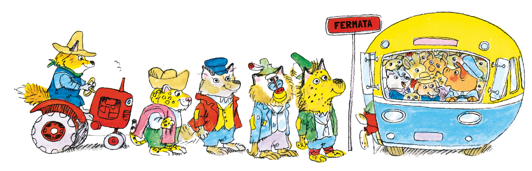 Εικονογράφηση του Richard Scarry με το σχολικό λεωφορείο της Πολυάσχολης Πόλης